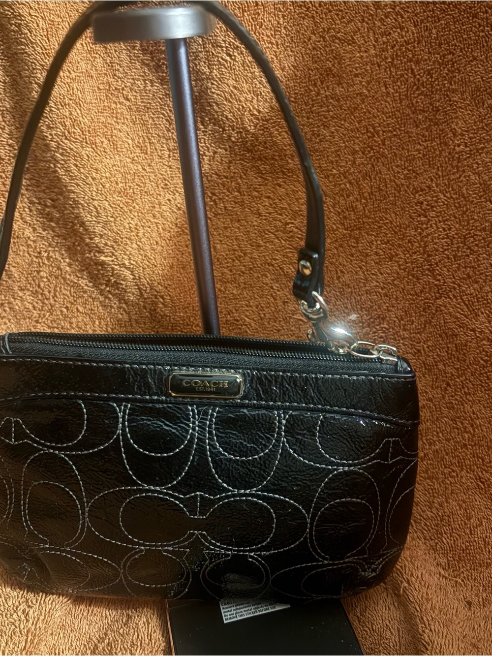#46 Coach Black Patent Signature Poppy C Wristlet with Logo Plaque